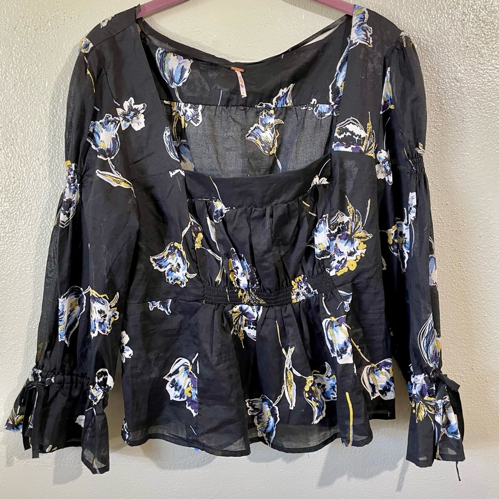 Free People Dark Romantic Boho Floral Babydoll Blouse Semi Sheer Feminine Unique